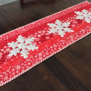 Snowflake Quilted Table Runner: Red Christmas Winter Decor
