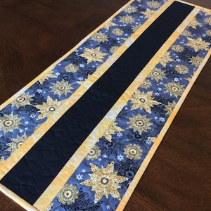 Snowflake Quilted Table Runner - gold, gray, black snowflakes -
