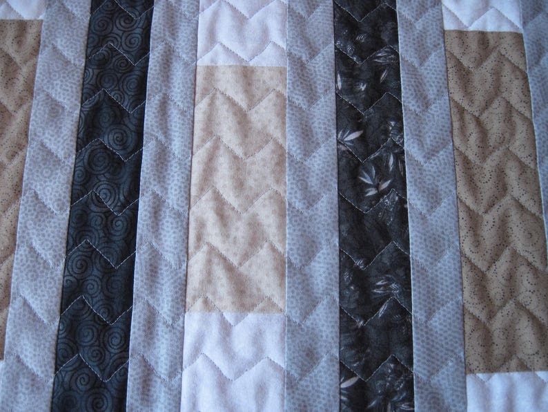 Black Tan Stripes Elegant Neutral Quilted Table Runner Gray