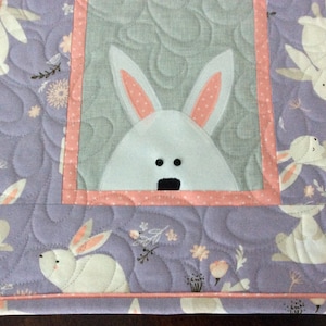 Easter Bunny Quilted Table Runner, Easter Table Runner, lavender, gray, pink runner