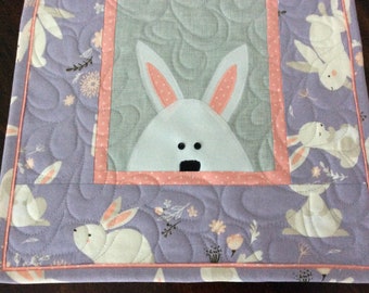 Easter Bunny Quilted Table Runner, Easter Table Runner, lavender, gray, pink runner