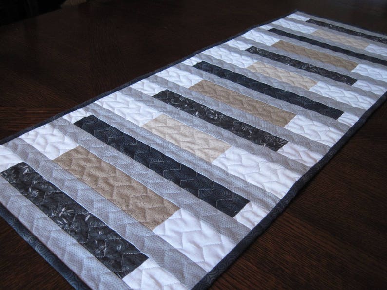 Black Tan Stripes Elegant Neutral Quilted Table Runner Gray
