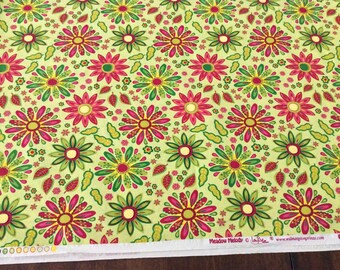 Daisy Cotton Fabric - green and pink flowers