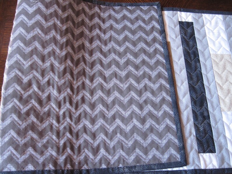 Black Tan Stripes Elegant Neutral Quilted Table Runner Gray