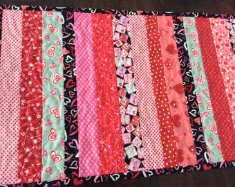 Valentine Quilted Table Runner - red, pink, white, gray, black heart runner, stripes table runner