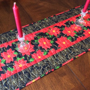 Elegant Poinsettia Quilted Christmas Table Runner red, black, gold table runner image 6