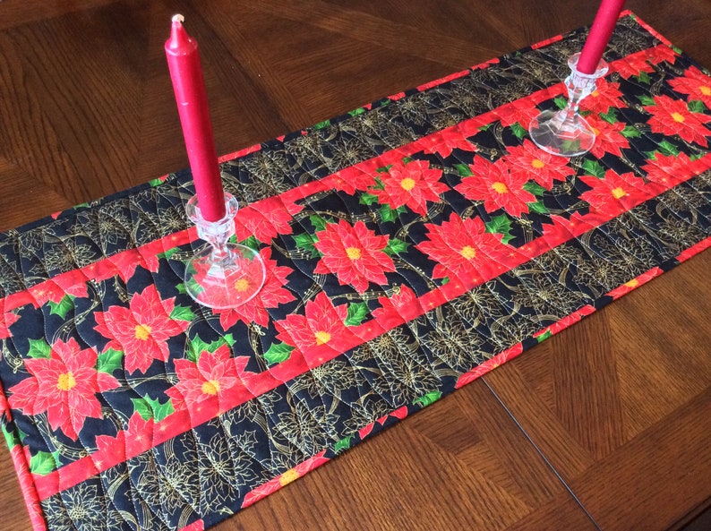 Elegant Poinsettia Quilted Christmas Table Runner red, black, gold table runner image 6