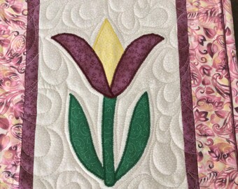 Tulips Quilted Table Runner - mauve and yellow tulips