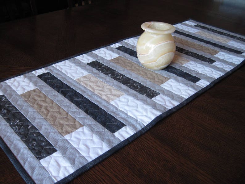 Black Tan Stripes Elegant Neutral Quilted Table Runner Gray