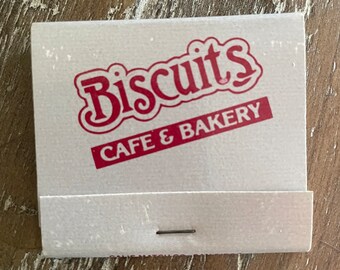 Caja de cerillas antigua, Biscuit’s Cafe and Bakery, Encinitas, California; recuerdo coleccionable nunca usado