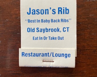 Libro de cerillas vintage, restaurante Jason's Rib, Old Saybrook, Connecticut, recuerdos coleccionables nuevos y nunca usados