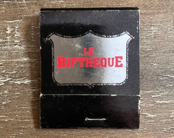 Libro de cerillas vintage, Le Biftheque, Massachusetts, Quebec; muy buen estado, nunca se usaron recuerdos coleccionables