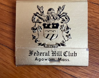 Libro de cerillas vintage, Federal Hill Club, Agawam, Massachusetts nuevo, recuerdos coleccionables nunca usados