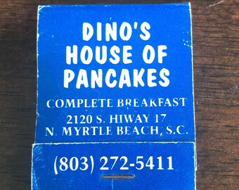 Caja de cerillas vintage de Dino's House of Pancakes, recuerdos de Myrtle Beach