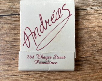 Caja de cerillas antigua, restaurante Andreas, Providence, Rhode Island; recuerdos coleccionables nuevos, nunca usados