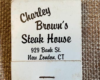 Caja de cerillas antigua, Charley Brown’s Steak House, New London, Connecticut; recuerdos coleccionables nuevos, nunca usados