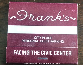 Libro de cerillas vintage, Frank's Restaurant, Hartford, Connecticut, recuerdos coleccionables nuevos y nunca usados