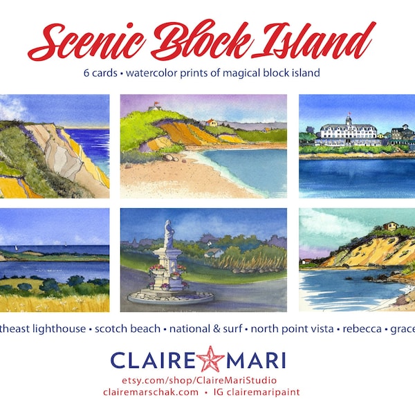 Rhode Island Art • Block Island greeting card set #1, Block Island scenes, (6) 5x7 watercolor cards, Southeast Lighthouse & National Hotel