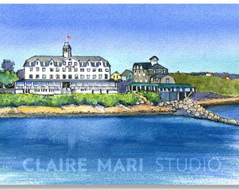 Block Island art • Rhode Island art • National & Surf Hotels watercolor art print, coastal wall art, seaside hotel