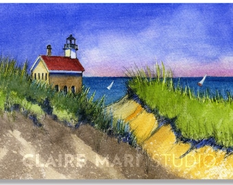 Block Island art • Rhode Island art • North Lighthouse watercolor art print, coastal wall art, beach decor, New England lighthouse