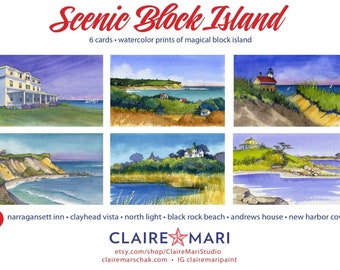 Rhode Island Art • Block Island greeting card set #3, Block Island art, (6) 5x7 watercolor cards, Narragansett Inn, North Lighthouse