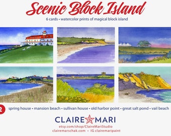 Rhode Island Art •Block Island greeting card set #2, Block Island art, (6) 5x7 watercolor cards, Spring House, Sullivan House, Vaill Beach