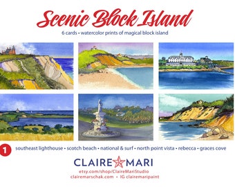 Rhode Island Art • Block Island greeting card set #1, Block Island scenes, (6) 5x7 watercolor cards, Southeast Lighthouse & National Hotel