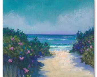 Fishers Island art • South Beach Path • beach art, beach rose and sand dune oil painting, coastal art print