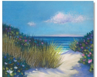 Fishers Island art • South Beach Dune •  beach art, beach rose and sand dune oil painting , coastal art print