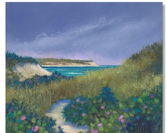 Block Island RI art • Clay Head bluff • beach art, beach rose and sand dune oil painting , coastal art print