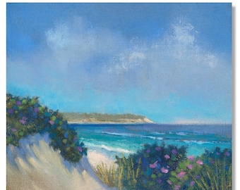 Block Island RI art • Scotch Beach • beach art,  beach rose and sand dune oil painting, coastal art print