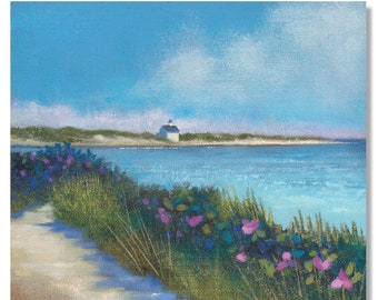 Block Island RI art • North Light • beach Art  beach rose and sand dune oil painting , coastal art print