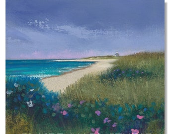 Block Island RI art • West Beach • beach art,  beach rose and sand dune oil painting, coastal art print