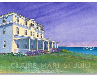 Block Island art • Rhode Island art • Narragansett Inn  watercolor art print, coastal wall art, beach decor, seaside hotel