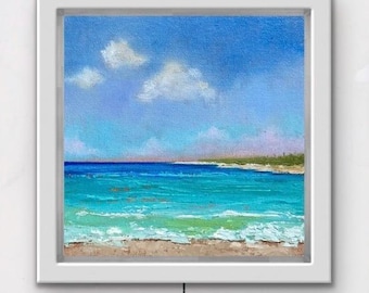 Pintura al óleo original de paisaje marino enmarcada, paisaje marino tropical, decoración de playa, pequeña obra de arte sobre lino.