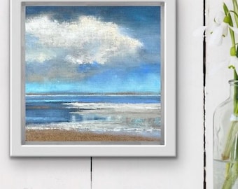 Pintura al óleo original de paisaje marino de Block Island. Pequeña obra de arte sobre lino. Arte mural costero.