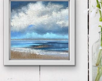 Pintura al óleo original de paisaje marino de Block Island, pequeña obra de arte sobre lino enmarcada para pared costera.