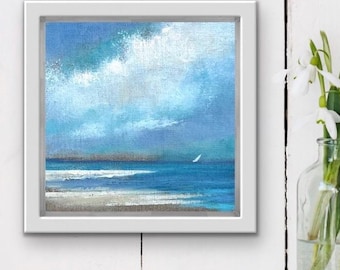 Pintura al óleo original de paisaje marino de Block Island, pequeña obra de arte sobre lino enmarcada para pared costera.