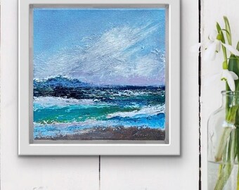 Pintura al óleo original de paisaje marino, pequeña pintura abstracta de paisaje marino costero para pared.