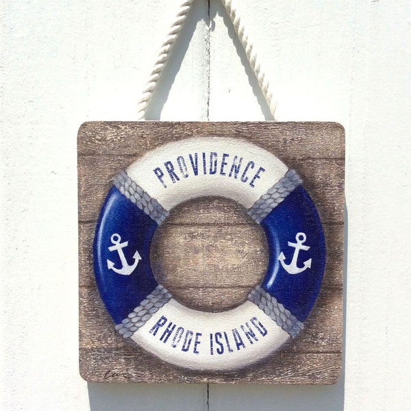 Rhode Island art • Providence Rhode Island wall art, nautical life ring wood sign,  New England coastal art, outdoor art