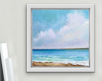 Pintura al óleo original con cielo suave y paisaje marino, decoración para casa de playa, arte mural costero enmarcado.
