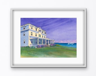 Arte mural costero, Block Island, acuarela, Rhode Island, impresión, decoración de casa de playa, Narragansett Inn