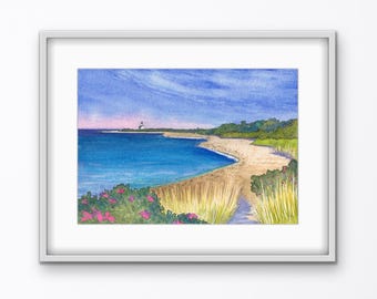 Arte mural costero Block Island Acuarela Paisaje marino Faro de Rhode Island Decoración de casa de playa West Beach