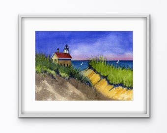 Arte mural costero Block Island Acuarela Rhode Island Faro estampado Decoración de casa de playa Luz del norte