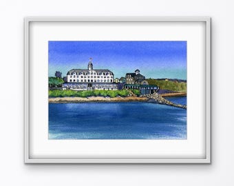 Arte mural costero, Block Island, acuarela, Rhode Island, impresión, Seaside Victorian Inn, National & Surf Hotels