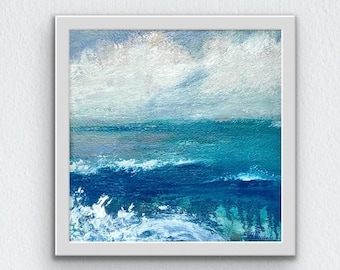 Pintura al óleo original de paisaje marino, arte mural costero, arte abstracto del océano enmarcado, decoración para casa de playa.