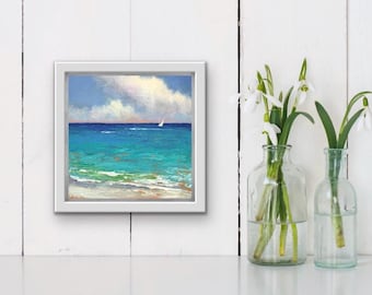 Cuadro al óleo original de paisaje marino, enmarcado, decoración de playa tropical, pequeña obra de arte sobre madera.