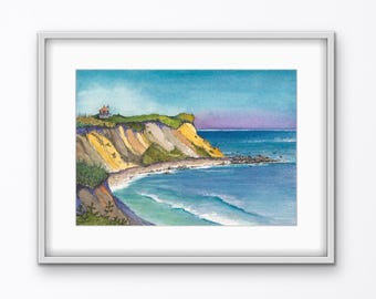 Arte mural costero de Block Island, lámina de paisaje marino en acuarela, arte de Rhode Island, decoración de casa de playa, Black Rock Beach.