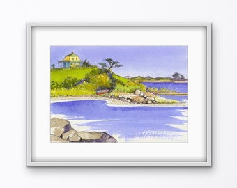 Arte mural costero de Block Island, acuarela de Rhode Island, lámina para decoración de casas de playa en New Harbor Cove.