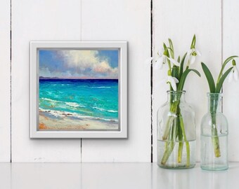 Pintura al óleo original de paisaje marino, enmarcada, paisaje marino tropical, 3 decoraciones de playa, arte pequeño sobre madera.